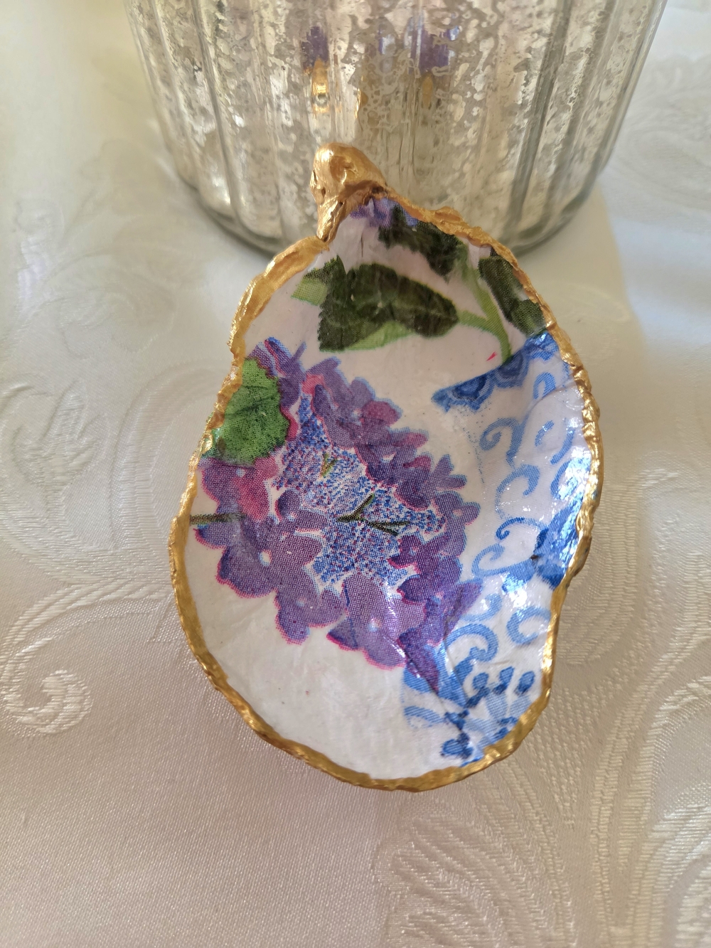New Hand-Painted Decoupaged Floral On Vintage Oyster Shell Trinket Dish